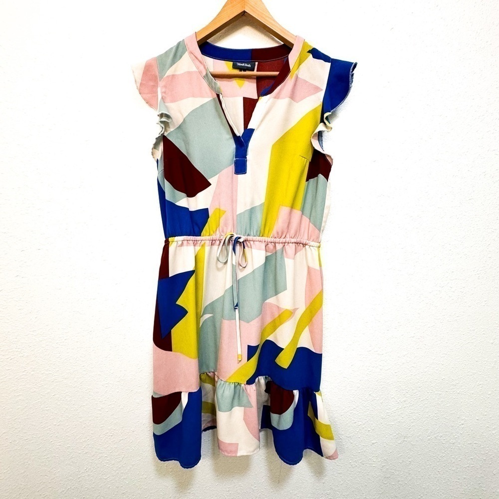 Modcloth Multicolor Geometric Print As You Love It Ruffle Retro Dress Size LARGE